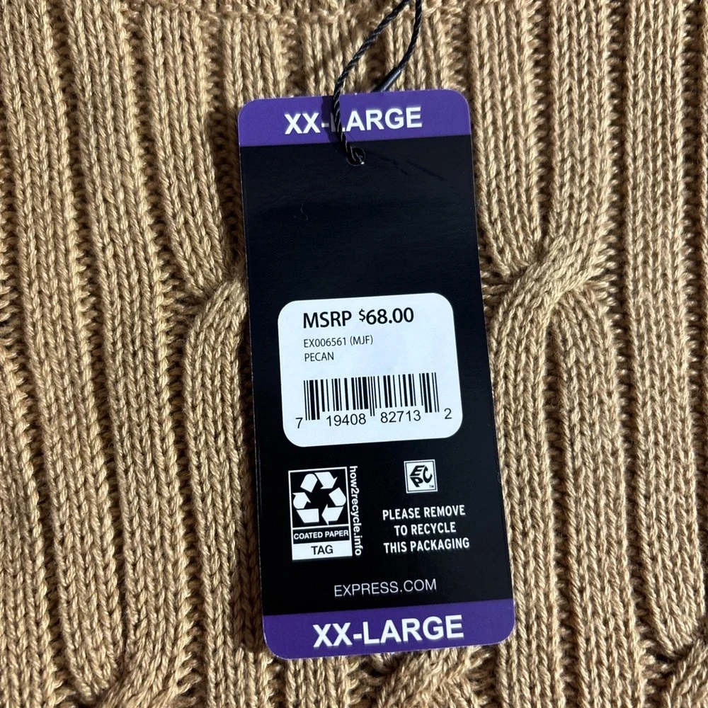 Express Cable Knit‎ Sweater Mens XXL Pecan Tan Brown 100% Cotton Crewneck NWT
